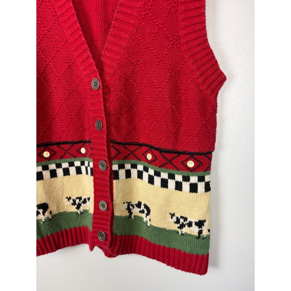 Vintage Capacity Red Cow Print Cardigan Vest Small‎ Ramie Cotton Knit Button Up - Picture 3 of 9